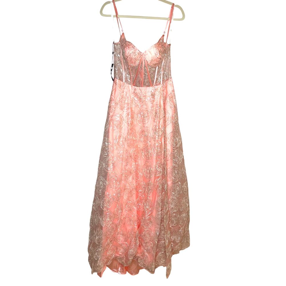 NWT Womens Lucci Lu Dress, 1277, Coral Pink, Rose Overlay, Illusion Bodice Sz 10 - Picture 2 of 10